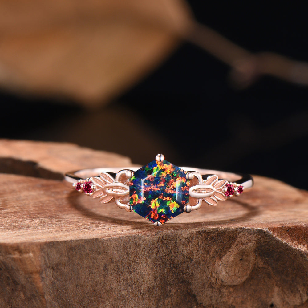 Nature Inspired Balck Fire Opal Engagement Ring Set Flower Leaf Vine Moissanite Wedding Set - PENFINE