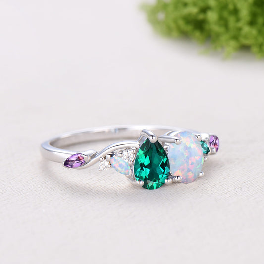 Unique Pear Cut Emerald Oval Cut Opal Toi et Moi Ring,Amethyst Moissanite Cluster Engagement Ring