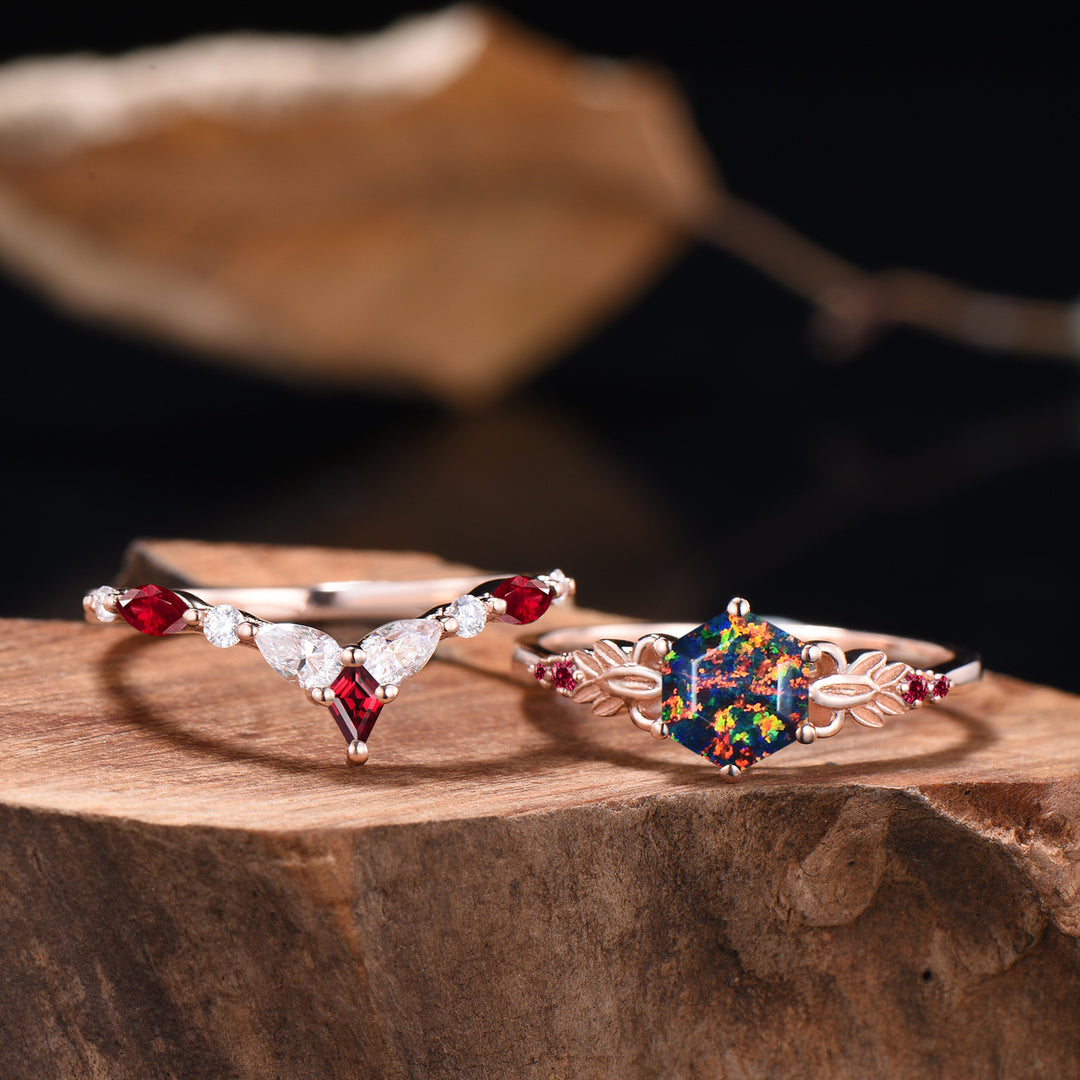 Nature Inspired Balck Fire Opal Engagement Ring Set Flower Leaf Vine Moissanite Wedding Set - PENFINE