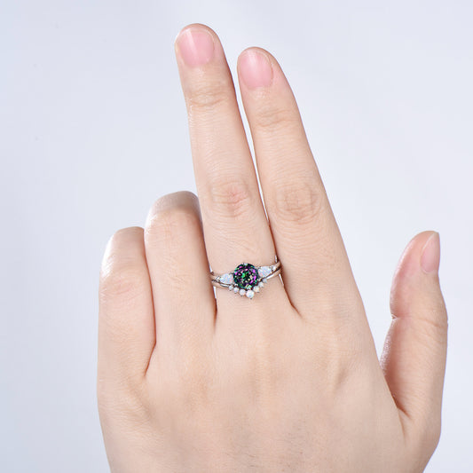 Vintage Mystic Topaz Engagement Ring Set, Five Stone Teardrop Fire White Opal Wedding Bridal Set