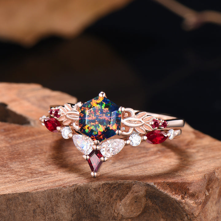 Nature Inspired Balck Fire Opal Engagement Ring Set Flower Leaf Vine Moissanite Wedding Set - PENFINE