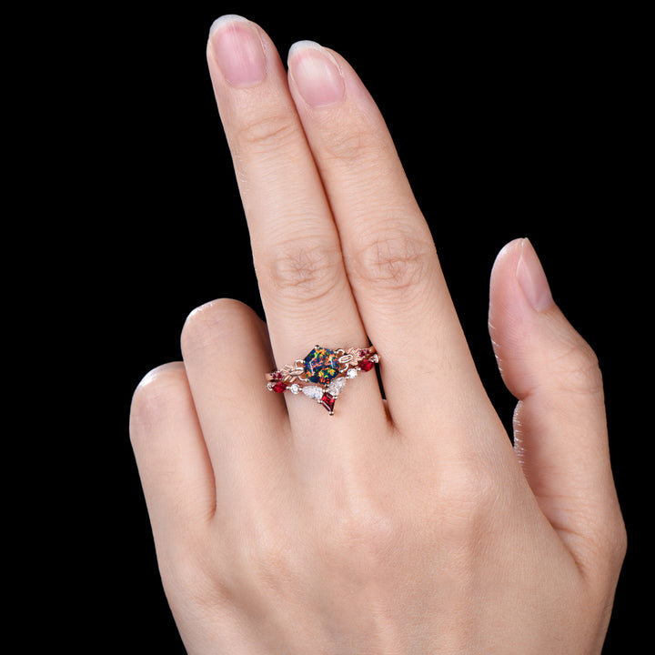 Nature Inspired Balck Fire Opal Engagement Ring Set Flower Leaf Vine Moissanite Wedding Set - PENFINE