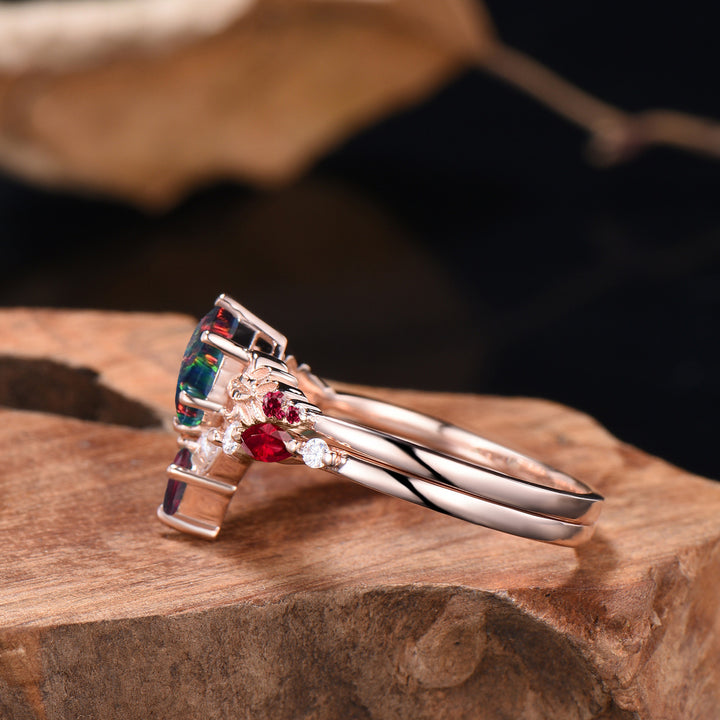 Nature Inspired Balck Fire Opal Engagement Ring Set Flower Leaf Vine Moissanite Wedding Set - PENFINE