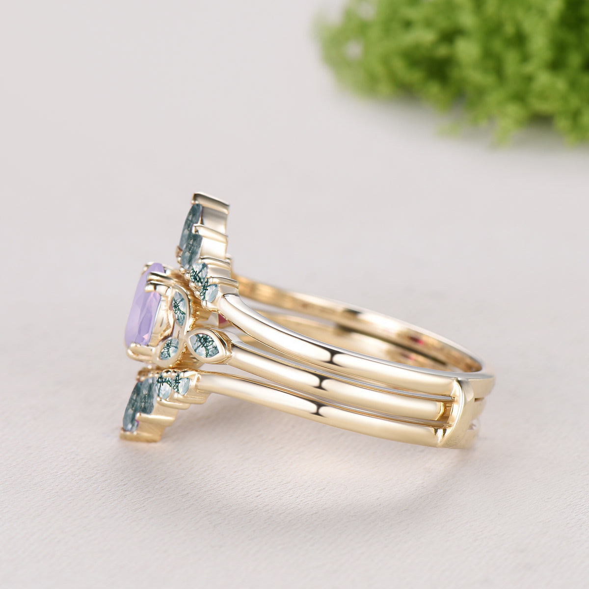 Round Cut Lavender Amethyst Bezel Setting Engagement Ring Natural Moss Agate Enhancer Ring Set