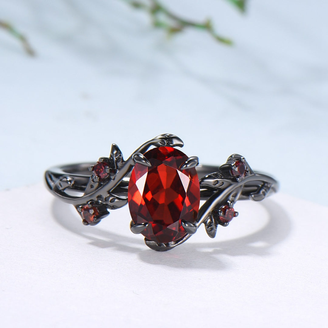Nature inspired oval garnet engagement ring set black gold unique leaf gothic wedding ring set knight twig vine January birthstone jewelry - PENFINE