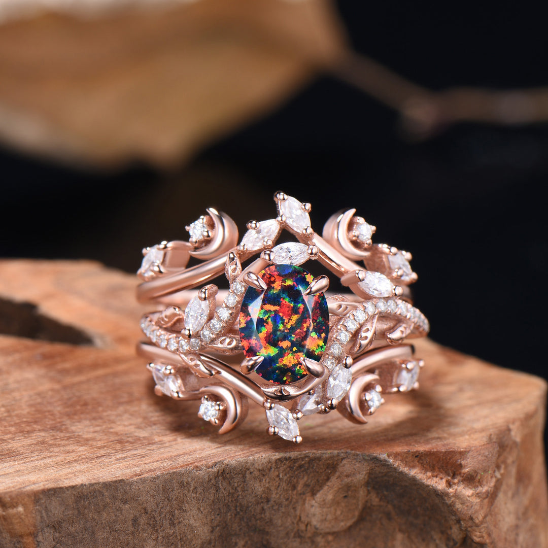 Oval Shaped Black Opal Leaf Engagement Ring Diamond Double V Curved Band Enhancer Rose Gold Bridal Ring Set Anniversary Gifts For Women - PENFINE