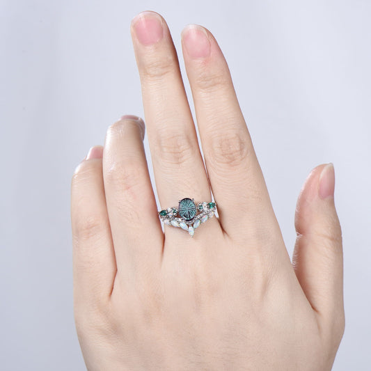 Vintage Art Deco Oval Starburst Alexandrite Ring Cluster Opal Emerald Bridal Set