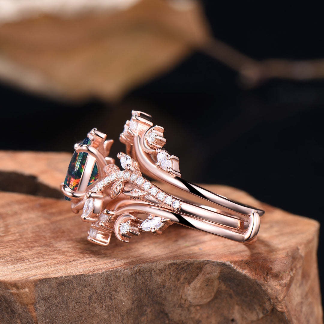 Oval Shaped Black Opal Leaf Engagement Ring Diamond Double V Curved Band Enhancer Rose Gold Bridal Ring Set Anniversary Gifts For Women - PENFINE