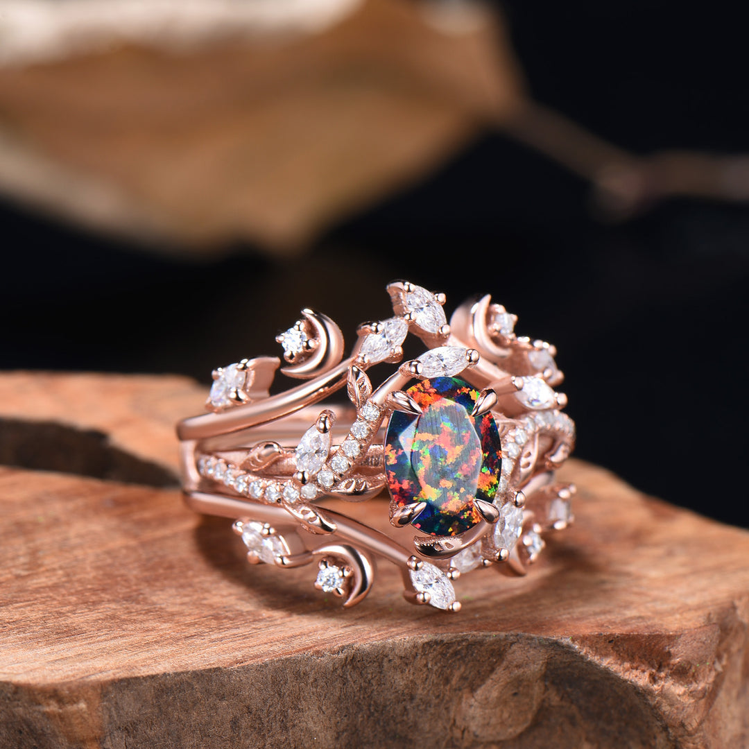 Oval Shaped Black Opal Leaf Engagement Ring Diamond Double V Curved Band Enhancer Rose Gold Bridal Ring Set Anniversary Gifts For Women - PENFINE