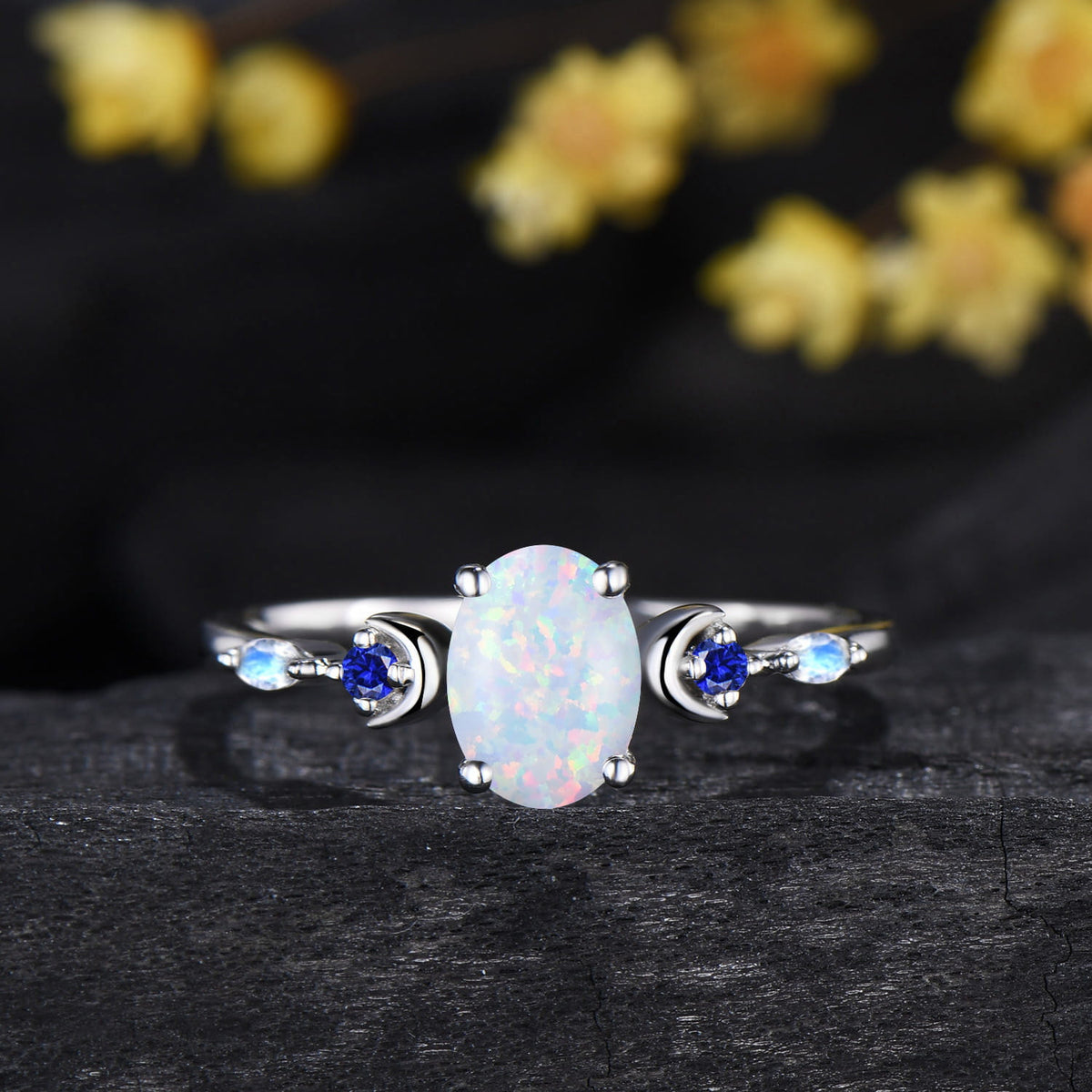 1.5CT Oval Cut White Opal Engagement Ring Sapphire Moonstone Curved Band Moon Celestial Bridal Set