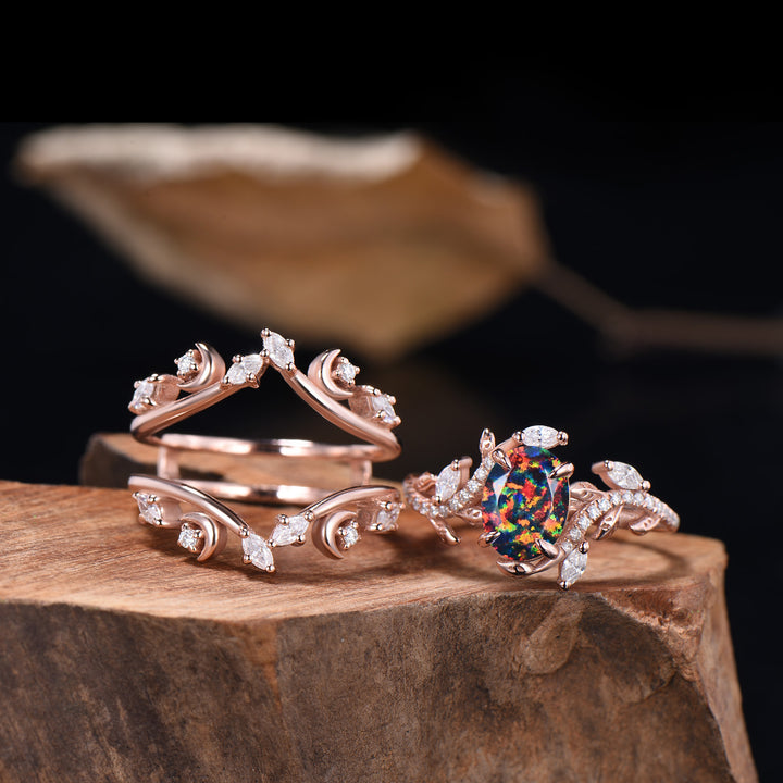 Oval Shaped Black Opal Leaf Engagement Ring Diamond Double V Curved Band Enhancer Rose Gold Bridal Ring Set Anniversary Gifts For Women - PENFINE