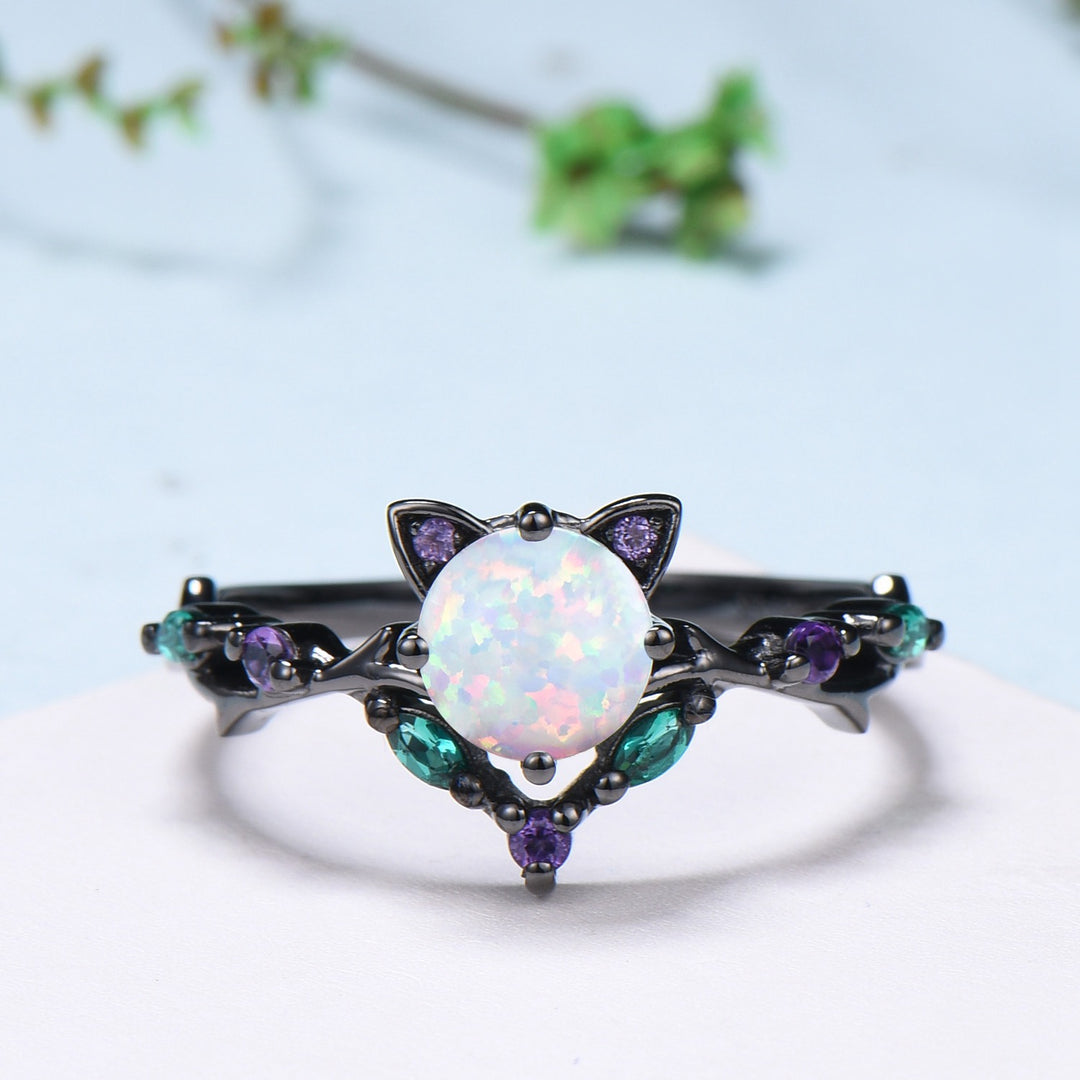 Unique Cat Fire Opal Engagement Ring Black Gold Round White Opal Animal Inspired Amethyst Emerald Band Promise Anniversary Ring Gift Women - PENFINE
