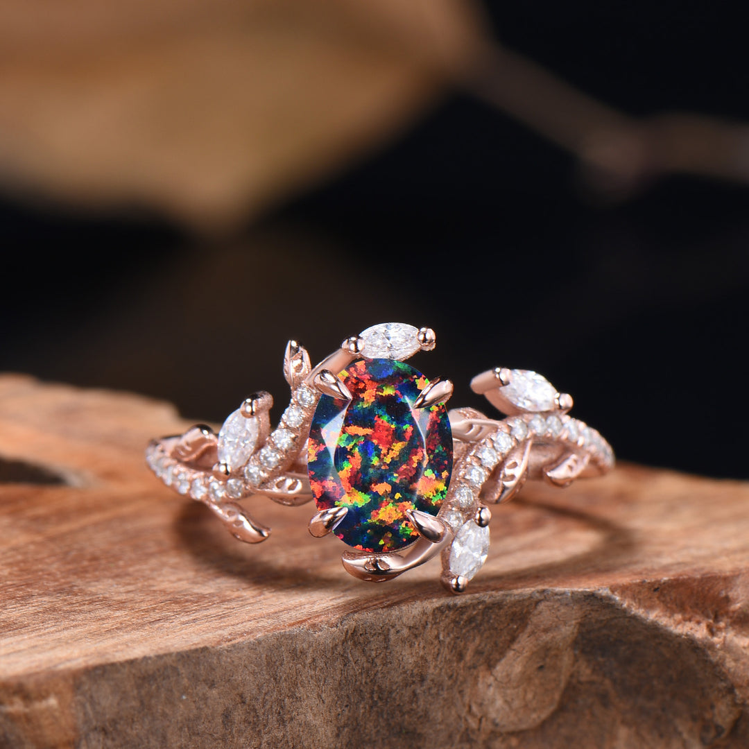 Oval Shaped Black Opal Leaf Engagement Ring Diamond Double V Curved Band Enhancer Rose Gold Bridal Ring Set Anniversary Gifts For Women - PENFINE
