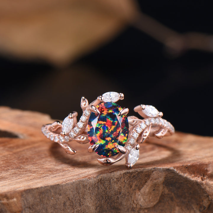 Oval Shaped Black Opal Leaf Engagement Ring Diamond Double V Curved Band Enhancer Rose Gold Bridal Ring Set Anniversary Gifts For Women - PENFINE