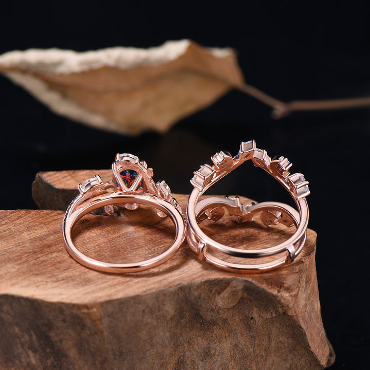 Oval Shaped Black Opal Leaf Engagement Ring Diamond Double V Curved Band Enhancer Rose Gold Bridal Ring Set Anniversary Gifts For Women - PENFINE