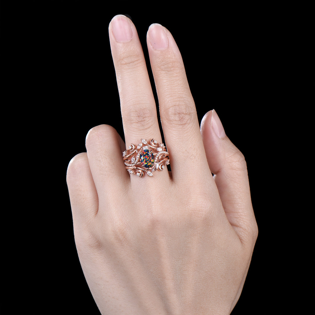 Oval Shaped Black Opal Leaf Engagement Ring Diamond Double V Curved Band Enhancer Rose Gold Bridal Ring Set Anniversary Gifts For Women - PENFINE