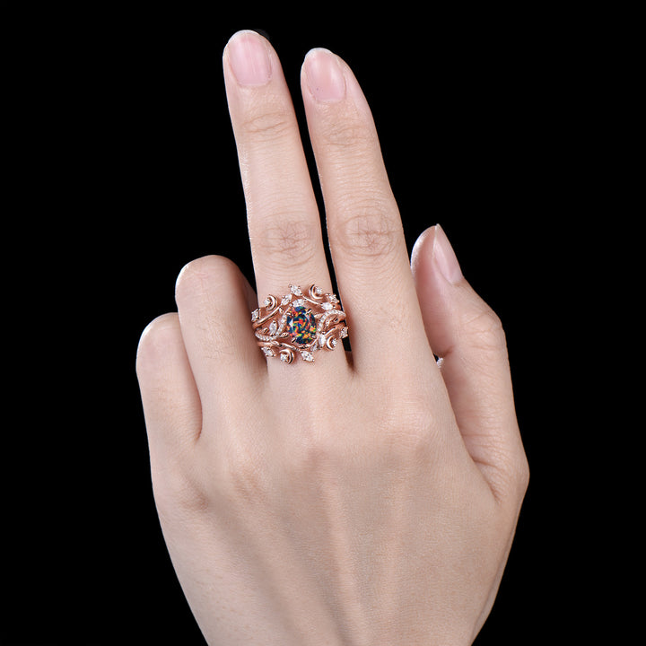 Oval Shaped Black Opal Leaf Engagement Ring Diamond Double V Curved Band Enhancer Rose Gold Bridal Ring Set Anniversary Gifts For Women - PENFINE