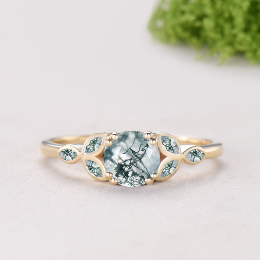 Round Cut Natural Moss Agate Bezel Setting Ring Bridal Set Green Agate Ring Enhancer