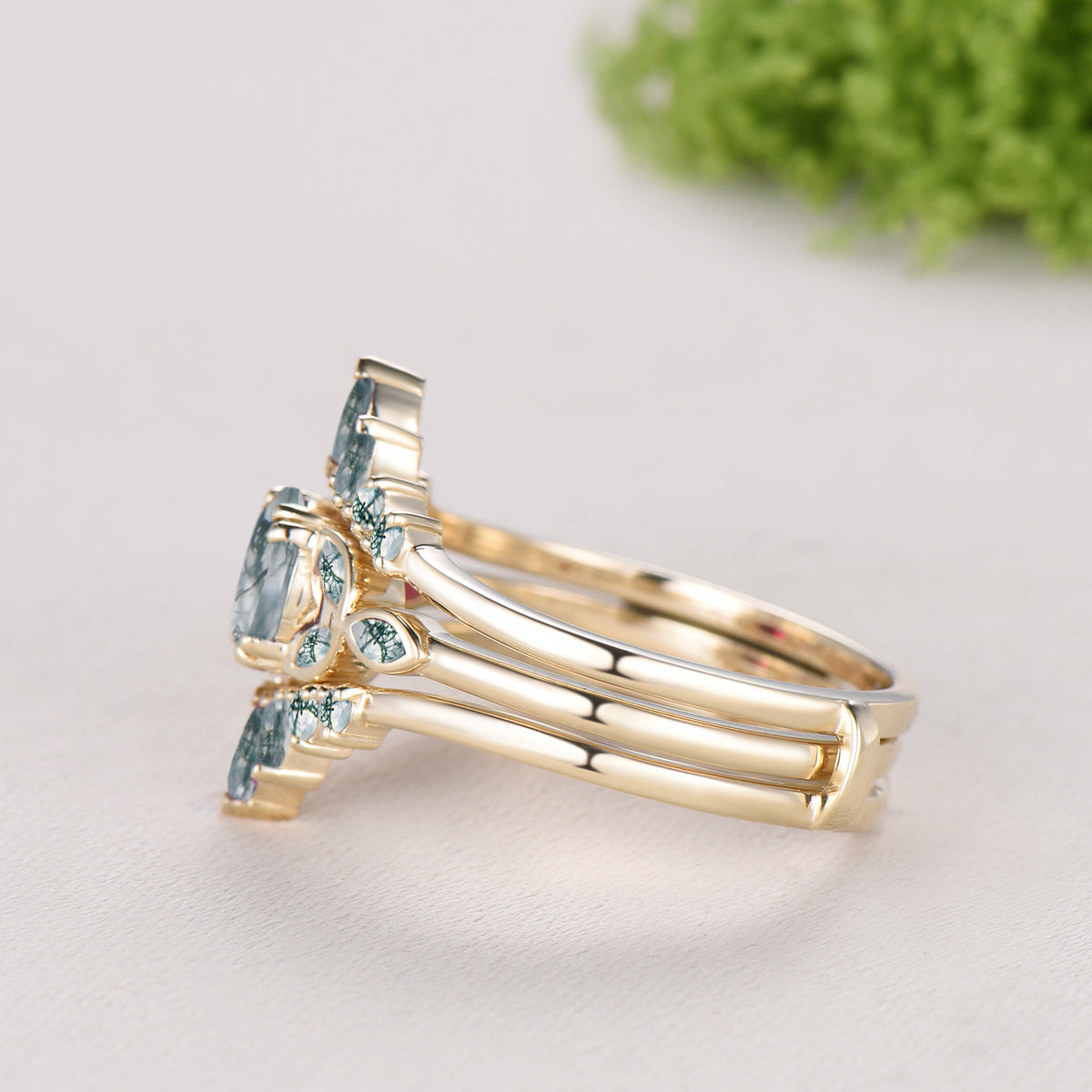 Round Cut Natural Moss Agate Bezel Setting Ring Bridal Set Green Agate Ring Enhancer