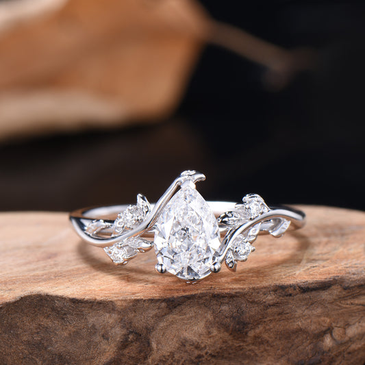 IGI Certified Pear Lab Grown Diamond Engagement Ring • White Gold Vine Leaf Band