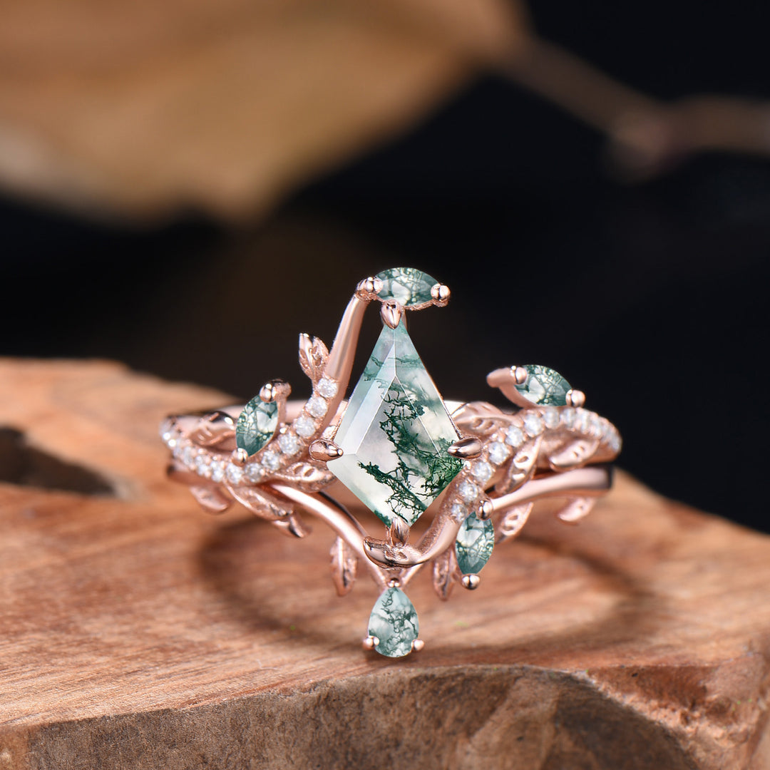 Kite Cut Natural Moss Agate Leaf Engagement Ring Diamond Snake Wedding Ring Set - PENFINE