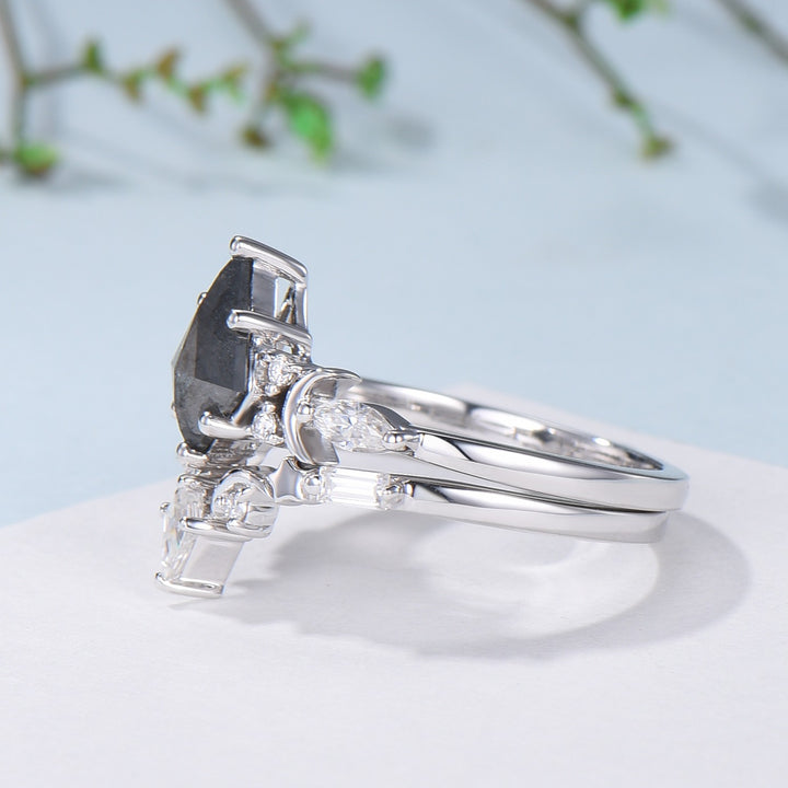 Unique kite cut salt and pepper diamond ring set natural pepper engagement ring 18k white gold bridal wedding set handmade anniversary gift - PENFINE