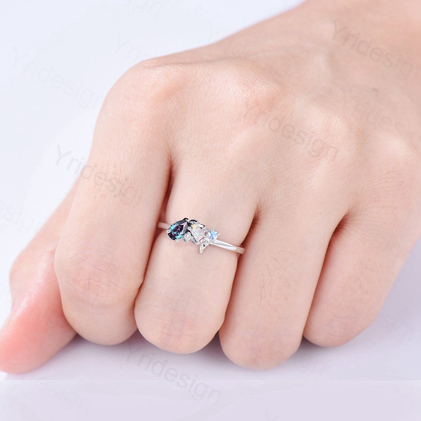 Dainty Moonstone, Opal, and Alexandrite Multi-Gemstone Promise Ring | Celestial Cluster - PENFINE