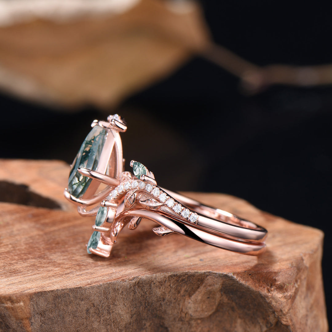 Kite Cut Natural Moss Agate Leaf Engagement Ring Diamond Snake Wedding Ring Set - PENFINE