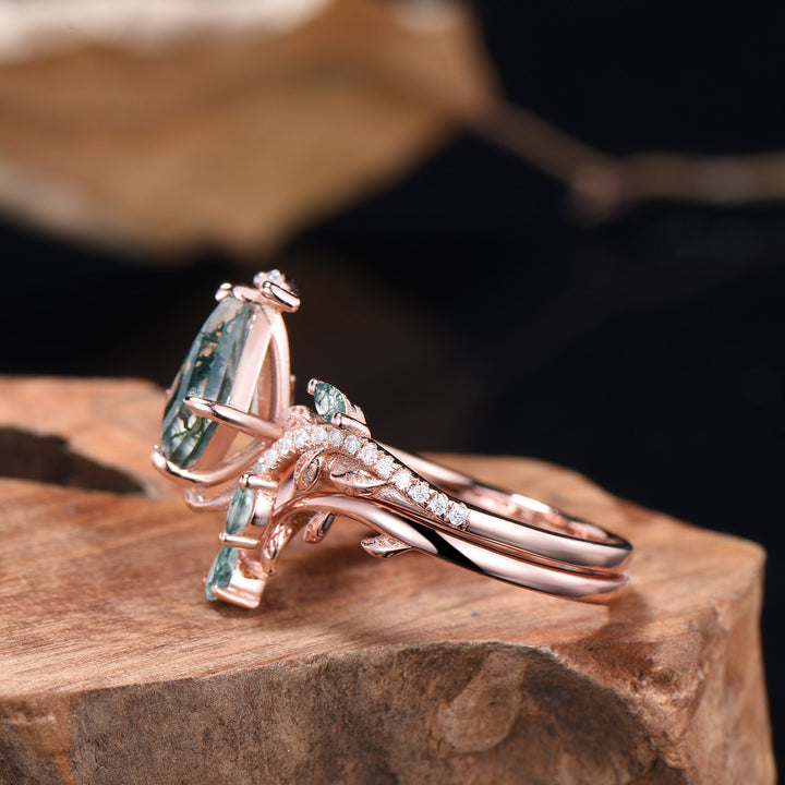 Kite Cut Natural Moss Agate Leaf Engagement Ring Diamond Snake Wedding Ring Set - PENFINE