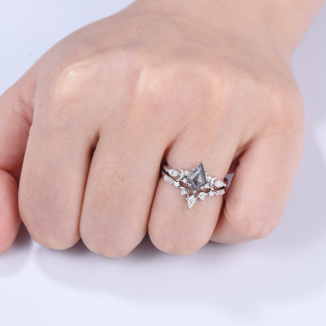 Unique kite cut salt and pepper diamond ring set natural pepper engagement ring 18k white gold bridal wedding set handmade anniversary gift - PENFINE