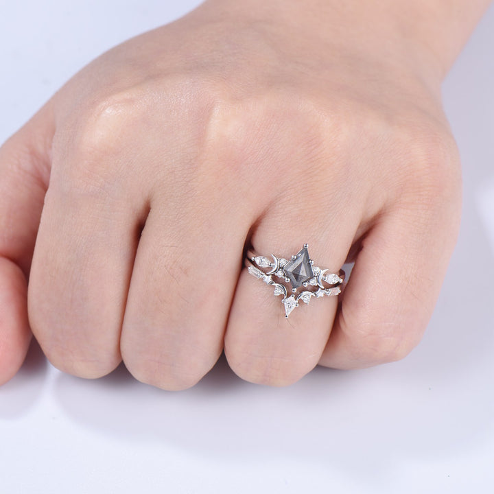 Unique kite cut salt and pepper diamond ring set natural pepper engagement ring 18k white gold bridal wedding set handmade anniversary gift - PENFINE