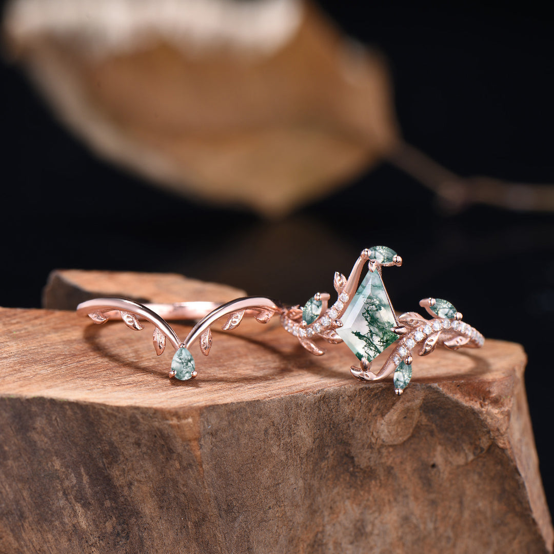 Kite Cut Natural Moss Agate Leaf Engagement Ring Diamond Snake Wedding Ring Set - PENFINE