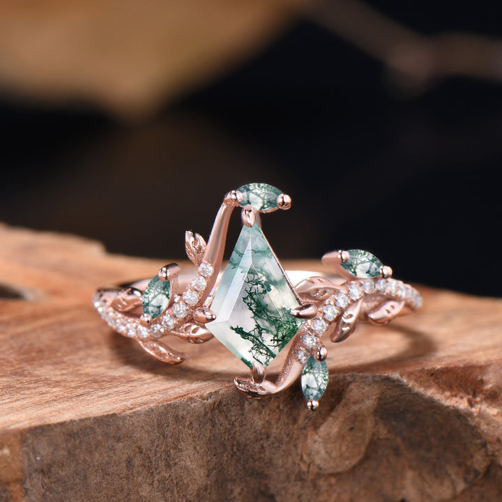 Kite Cut Natural Moss Agate Leaf Engagement Ring Diamond Snake Wedding Ring Set - PENFINE