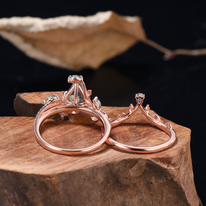 Kite Cut Natural Moss Agate Leaf Engagement Ring Diamond Snake Wedding Ring Set - PENFINE