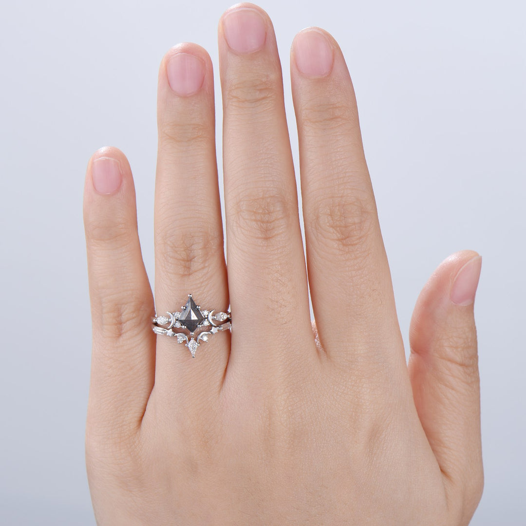 Unique kite cut salt and pepper diamond ring set natural pepper engagement ring 18k white gold bridal wedding set handmade anniversary gift - PENFINE