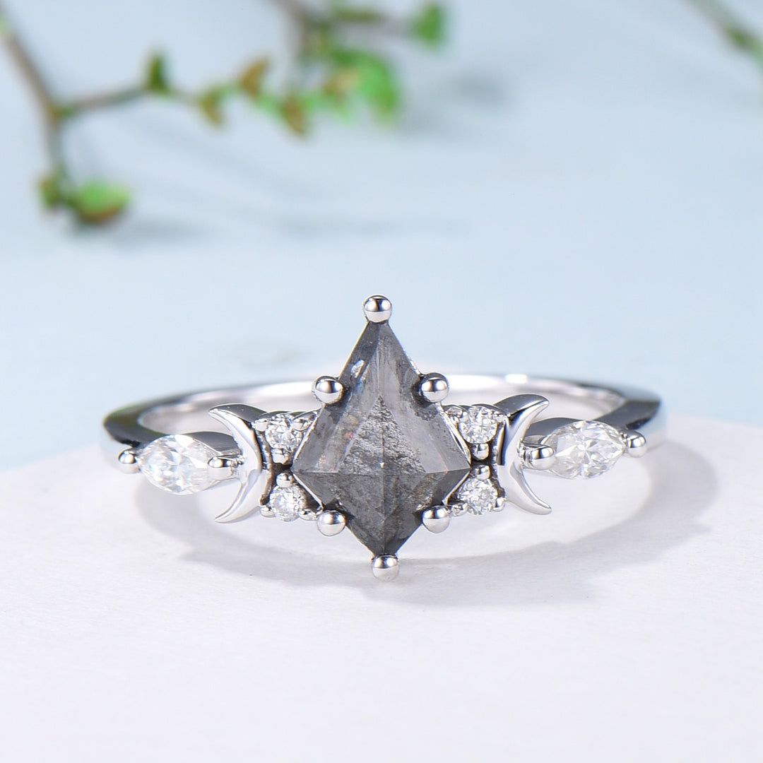 Unique kite cut salt and pepper diamond ring set natural pepper engagement ring 18k white gold bridal wedding set handmade anniversary gift - PENFINE
