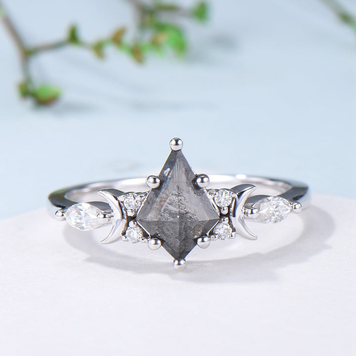 Unique kite cut salt and pepper diamond ring set natural pepper engagement ring 18k white gold bridal wedding set handmade anniversary gift - PENFINE
