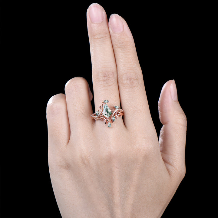 Kite Cut Natural Moss Agate Leaf Engagement Ring Diamond Snake Wedding Ring Set - PENFINE