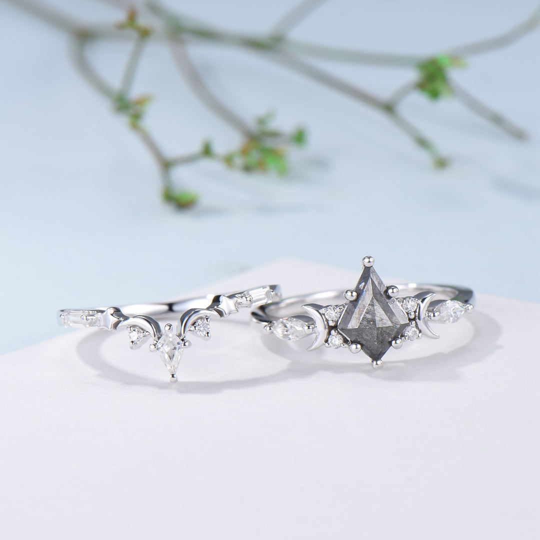 Unique kite cut salt and pepper diamond ring set natural pepper engagement ring 18k white gold bridal wedding set handmade anniversary gift - PENFINE