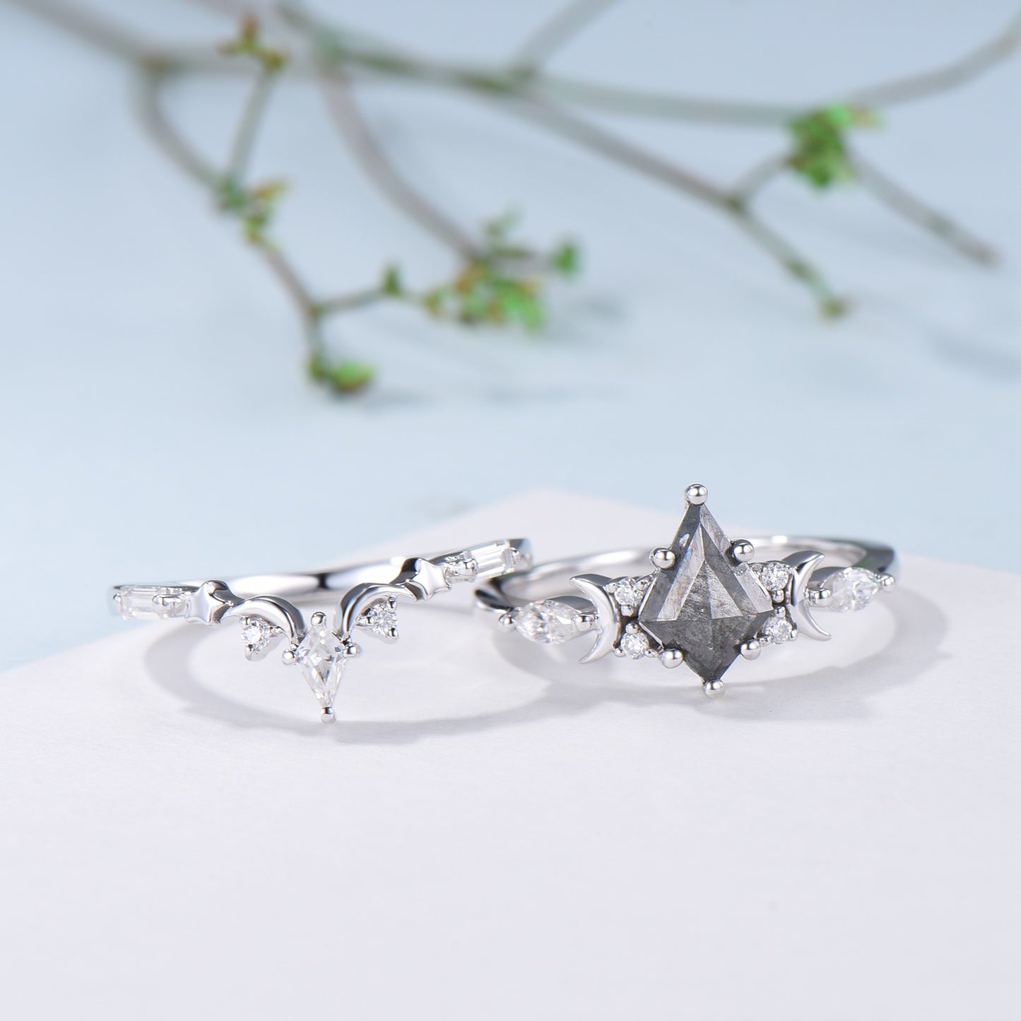 Unique kite cut salt and pepper diamond ring set natural pepper engagement ring 18k white gold bridal wedding set handmade anniversary gift - PENFINE