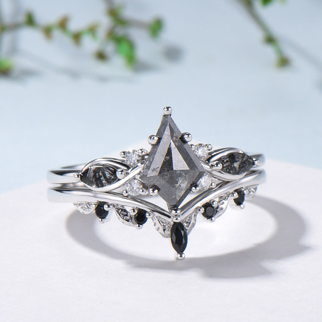 Vintage kite cut salt and pepper diamond ring set natural pepper engagement ring black rutilated quartz bridal wedding set anniversary gift - PENFINE