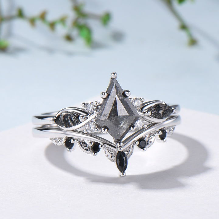 Vintage kite cut salt and pepper diamond ring set natural pepper engagement ring black rutilated quartz bridal wedding set anniversary gift - PENFINE