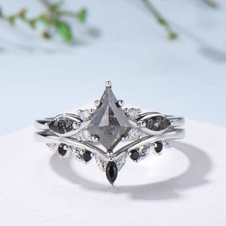 Vintage kite cut salt and pepper diamond ring set natural pepper engagement ring black rutilated quartz bridal wedding set anniversary gift - PENFINE