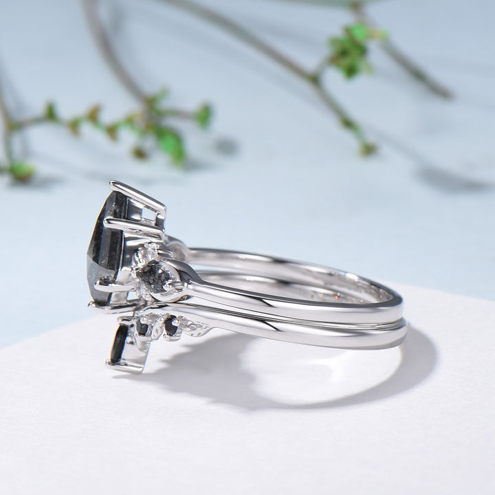 Vintage kite cut salt and pepper diamond ring set natural pepper engagement ring black rutilated quartz bridal wedding set anniversary gift - PENFINE