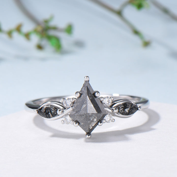 Vintage kite cut salt and pepper diamond ring set natural pepper engagement ring black rutilated quartz bridal wedding set anniversary gift - PENFINE