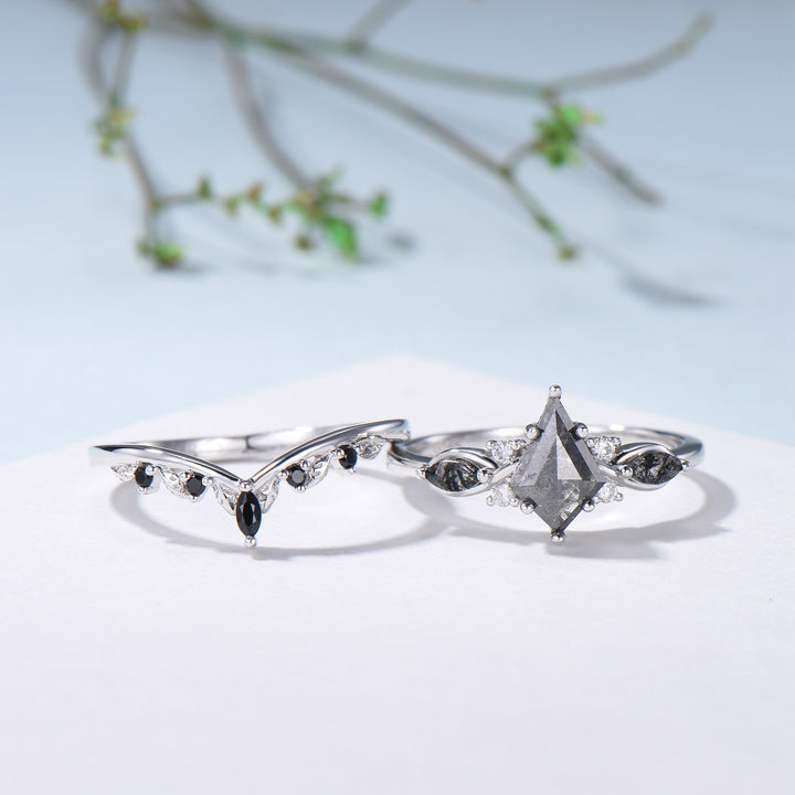 Vintage kite cut salt and pepper diamond ring set natural pepper engagement ring black rutilated quartz bridal wedding set anniversary gift - PENFINE