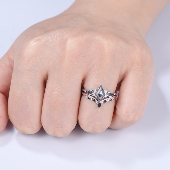 Vintage kite cut salt and pepper diamond ring set natural pepper engagement ring black rutilated quartz bridal wedding set anniversary gift - PENFINE