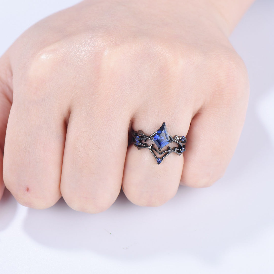 Art Deco black gold blue sapphire engagement ring set split shank kite cut blue sapphire wedding ring elegant anniversary bridal set women - PENFINE