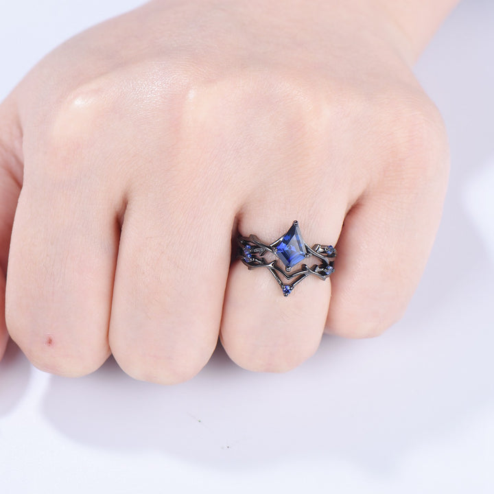 Art Deco black gold blue sapphire engagement ring set split shank kite cut blue sapphire wedding ring elegant anniversary bridal set women - PENFINE