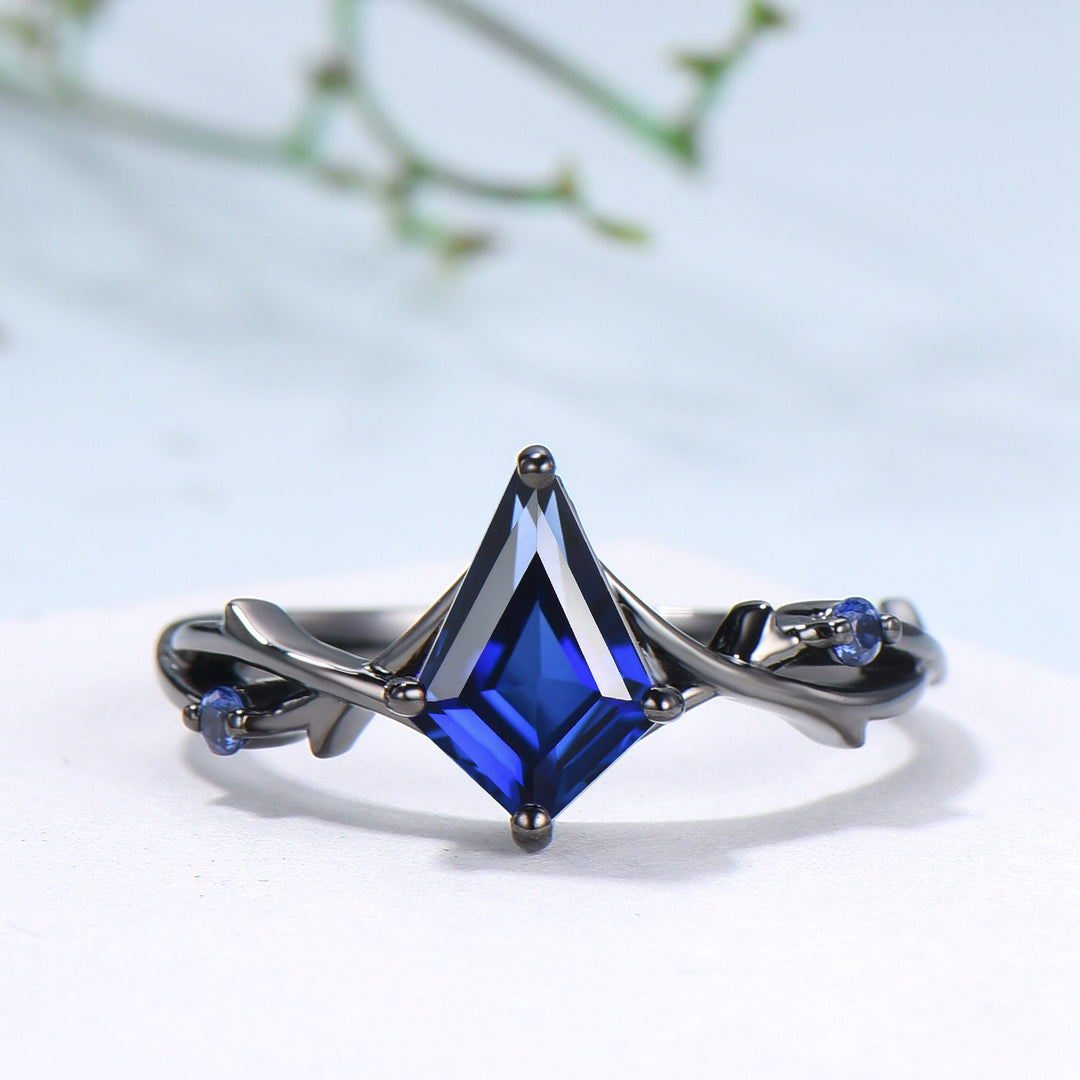 Art Deco black gold blue sapphire engagement ring set split shank kite cut blue sapphire wedding ring elegant anniversary bridal set women - PENFINE